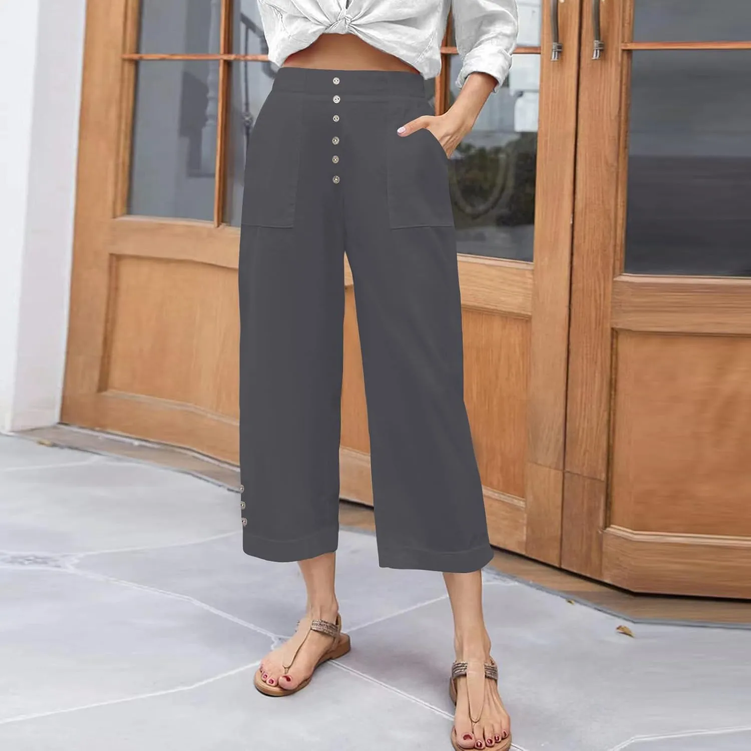 Womens Cropped Wide Leg Pant Stretch High Waist Button Petite Straight Leg Pant Loose Casual Work Trouser with Pocket