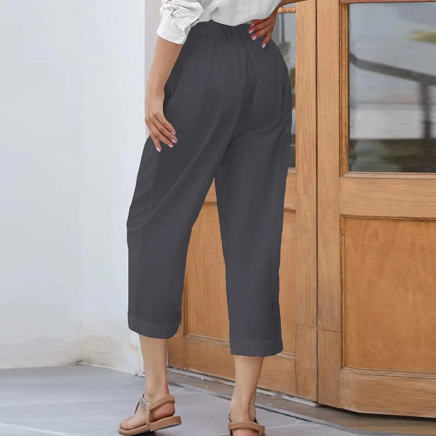 Womens Cropped Wide Leg Pant Stretch High Waist Button Petite Straight Leg Pant Loose Casual Work Trouser with Pocket
