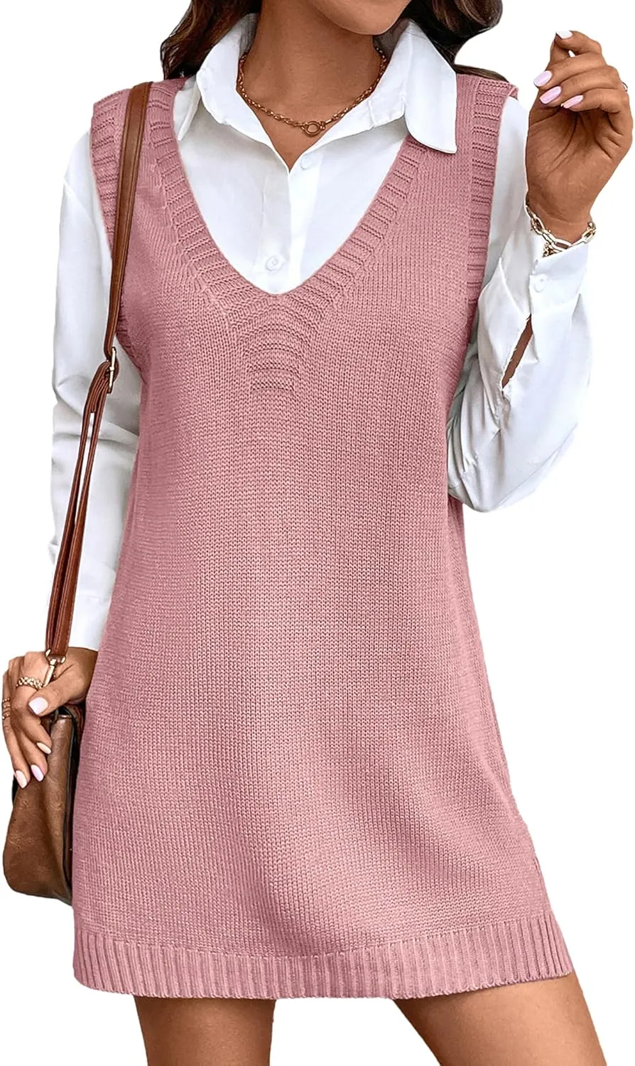 Womens Cute Lightweight V Neck Long Sweater Vest Dress Spring 2025 Trendy Ribbed Knit Side Slit Tunic Pullover Top
