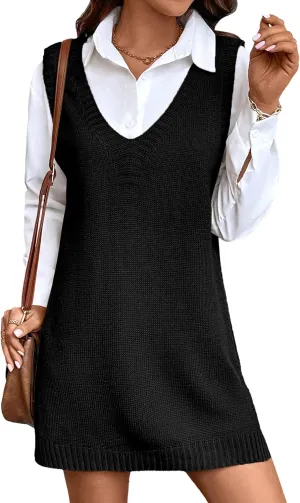 Womens Cute Lightweight V Neck Long Sweater Vest Dress Spring 2025 Trendy Ribbed Knit Side Slit Tunic Pullover Top