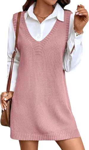 Womens Cute Lightweight V Neck Long Sweater Vest Dress Spring 2025 Trendy Ribbed Knit Side Slit Tunic Pullover Top