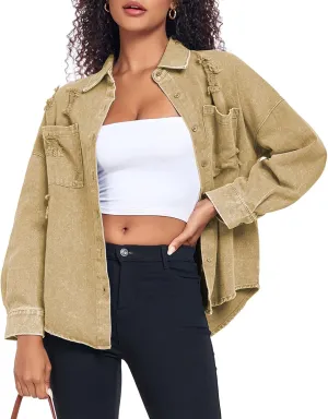 Womens Denim Jacket Oversized Button Down Jean Jacket Boyfriend Ripped Washed Jean Jackets Coat with Pockets