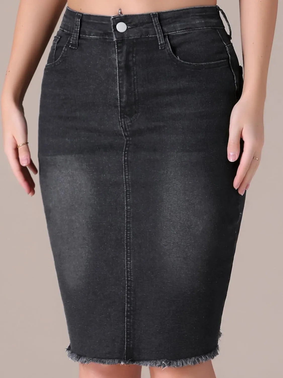 Women's Denim Skirt High Waist Raw Hem Pockets Stretch Bodycon Pencil Skirt Knee Length Jean Skirts