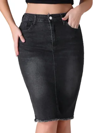 Women's Denim Skirt High Waist Raw Hem Pockets Stretch Bodycon Pencil Skirt Knee Length Jean Skirts