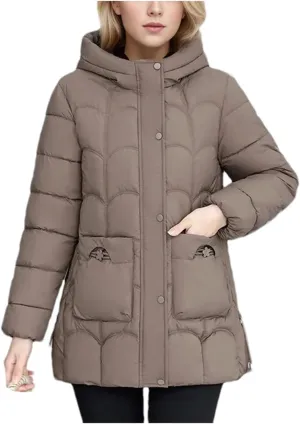 Women's Down Cotton Warm Coats Winter Stylish Midi Length Hooded Lightweight Padded Jacket Winter Parka