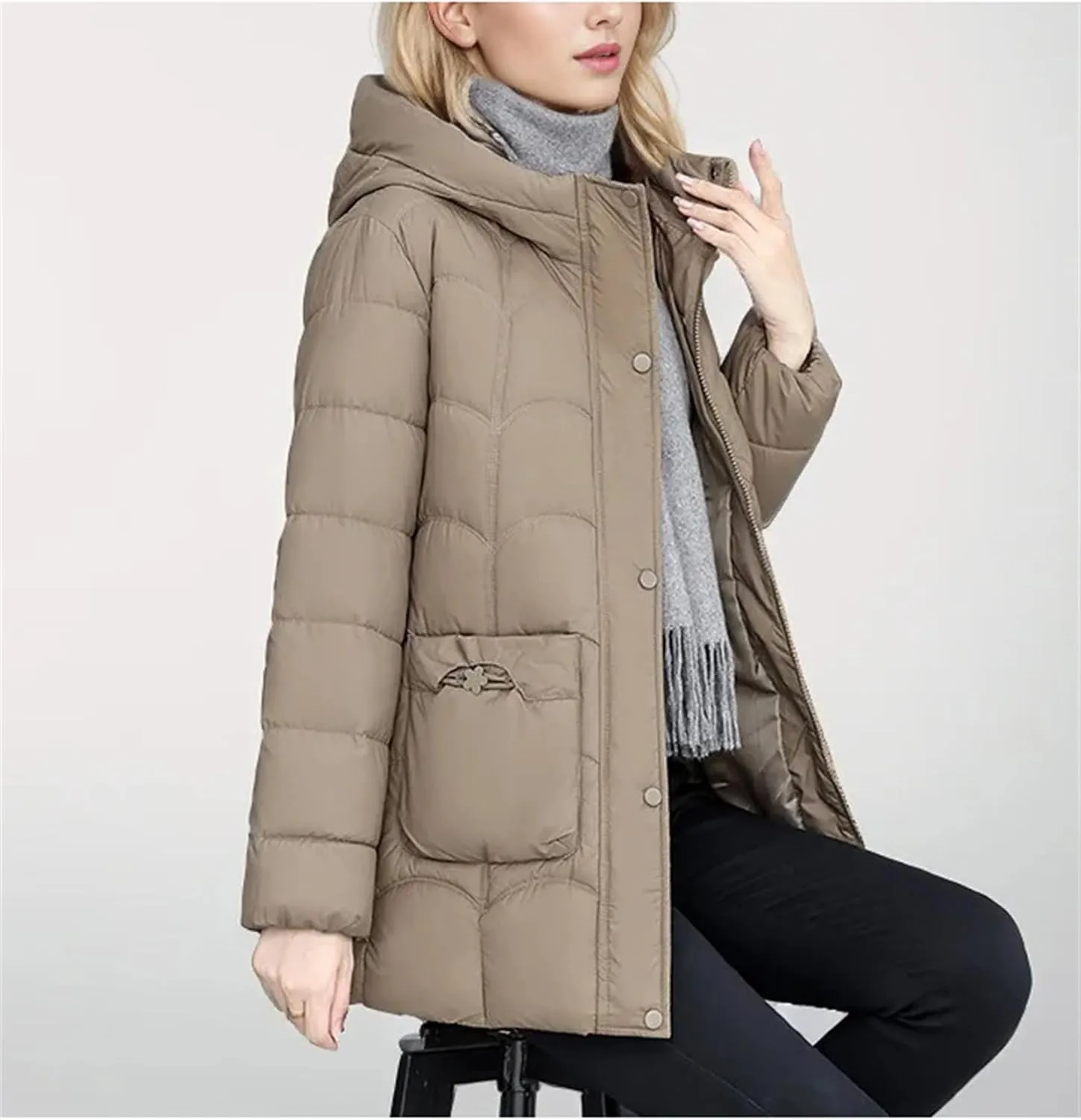 Women's Down Cotton Warm Coats Winter Stylish Midi Length Hooded Lightweight Padded Jacket Winter Parka