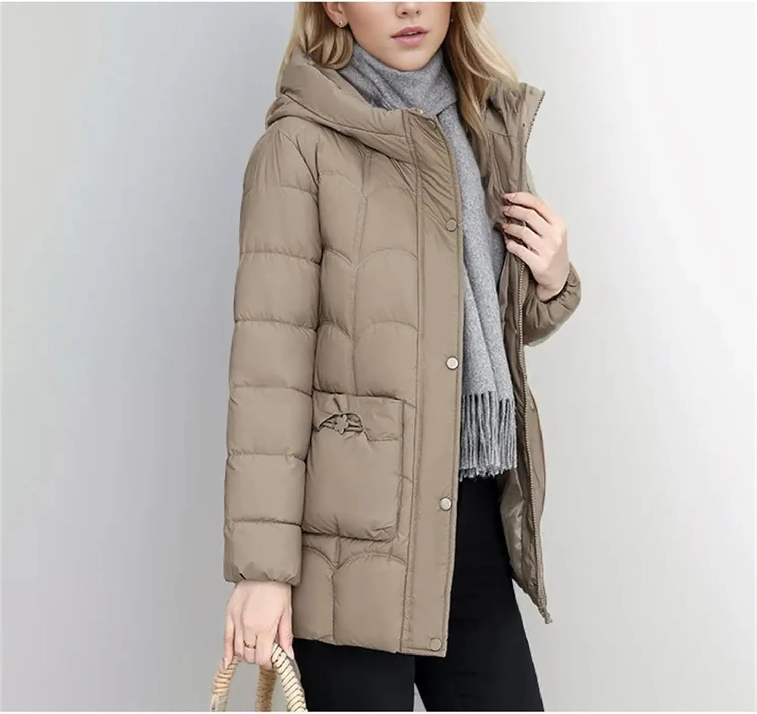 Women's Down Cotton Warm Coats Winter Stylish Midi Length Hooded Lightweight Padded Jacket Winter Parka