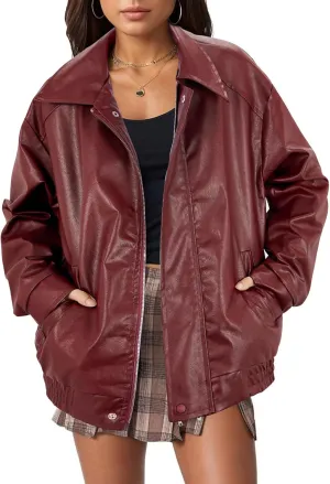 Womens Faux Leather Jacket Winter Bomber Vintage Pleather Jacket Oversized Leather Blazer Motorcycle Jacket Biker Jacket Coat Wine Red M