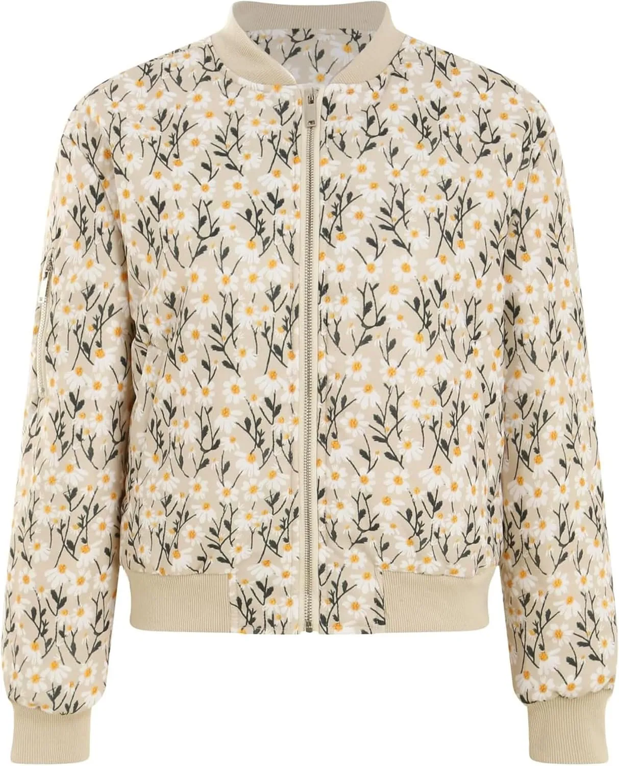 Womens Floral Bomber Jacket Cropped Zipper Down Long Sleeve Daisy Padded Coat Outwear with Pockets