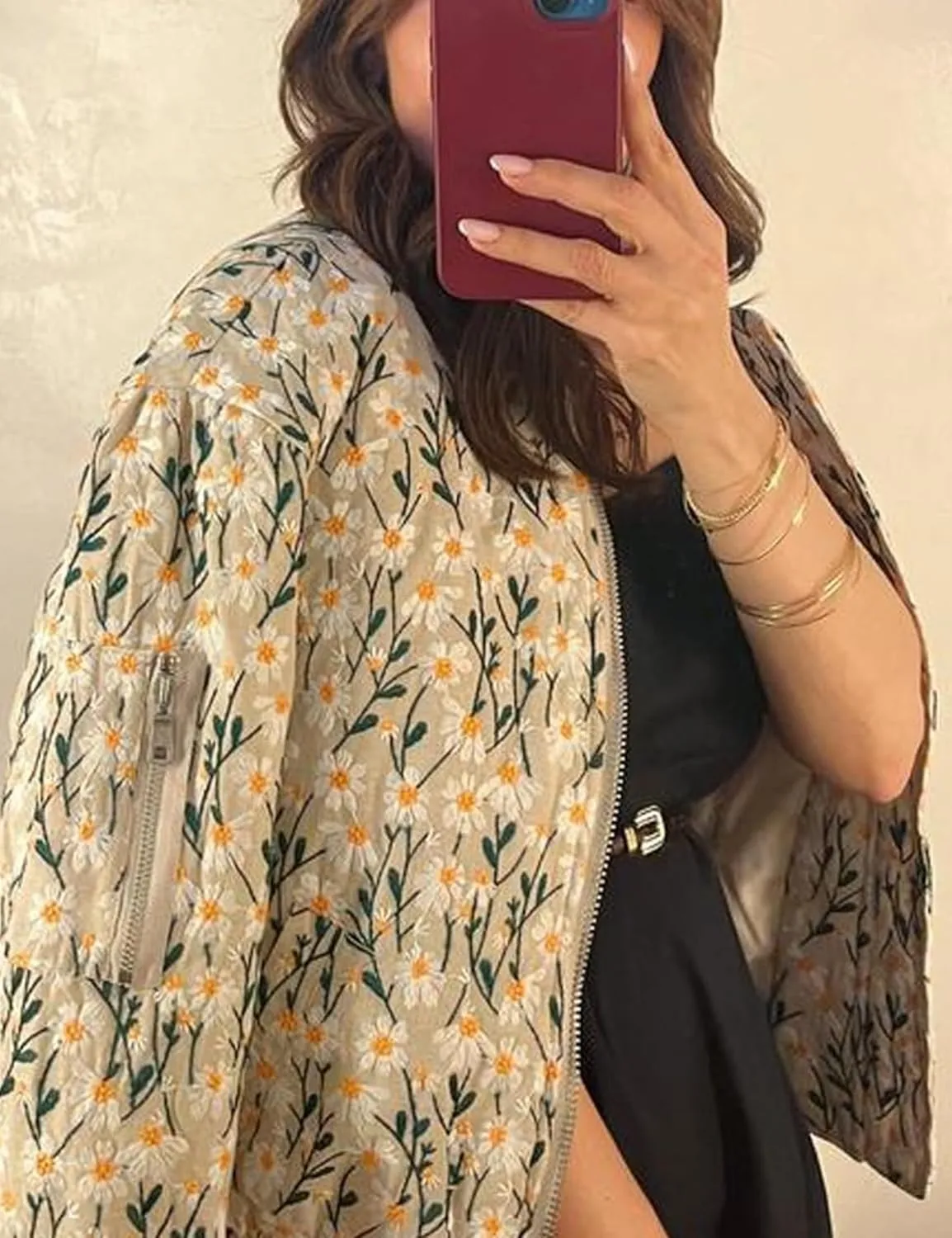 Womens Floral Bomber Jacket Cropped Zipper Down Long Sleeve Daisy Padded Coat Outwear with Pockets