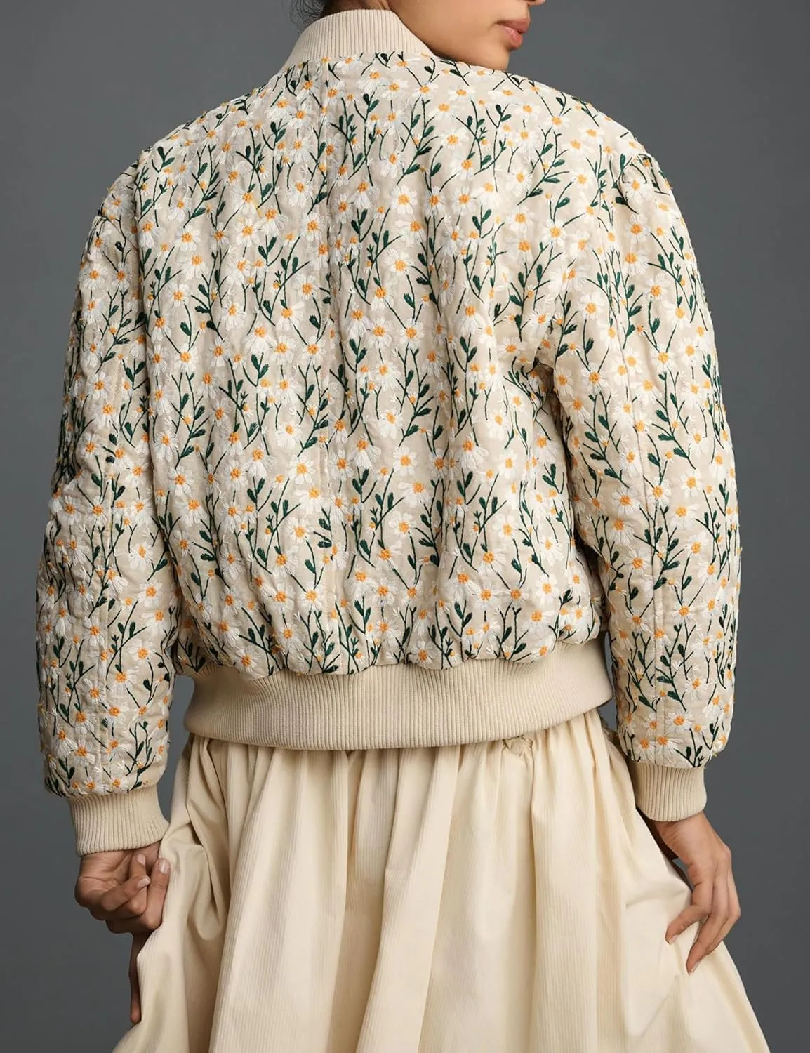 Womens Floral Bomber Jacket Cropped Zipper Down Long Sleeve Daisy Padded Coat Outwear with Pockets