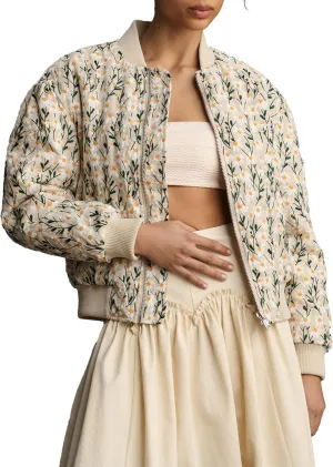 Womens Floral Bomber Jacket Cropped Zipper Down Long Sleeve Daisy Padded Coat Outwear with Pockets
