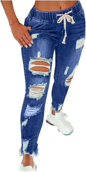 Women's High Waisted Ripped Jeans Slim Fit Skinny Stretch Denims Pants Casual Drawstring Cropped Destroyed Trousers