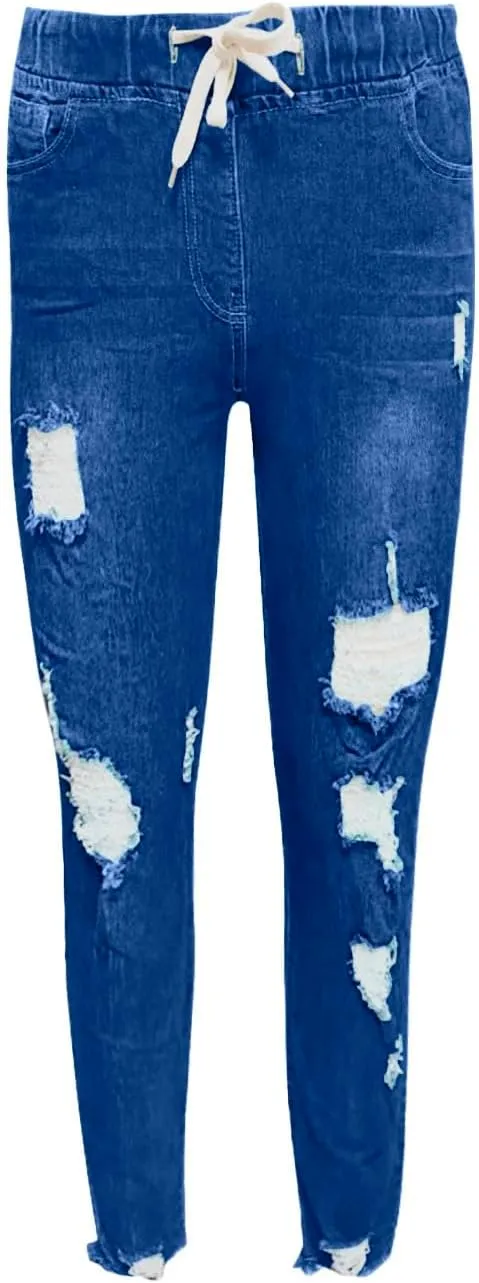 Women's High Waisted Ripped Jeans Slim Fit Skinny Stretch Denims Pants Casual Drawstring Cropped Destroyed Trousers
