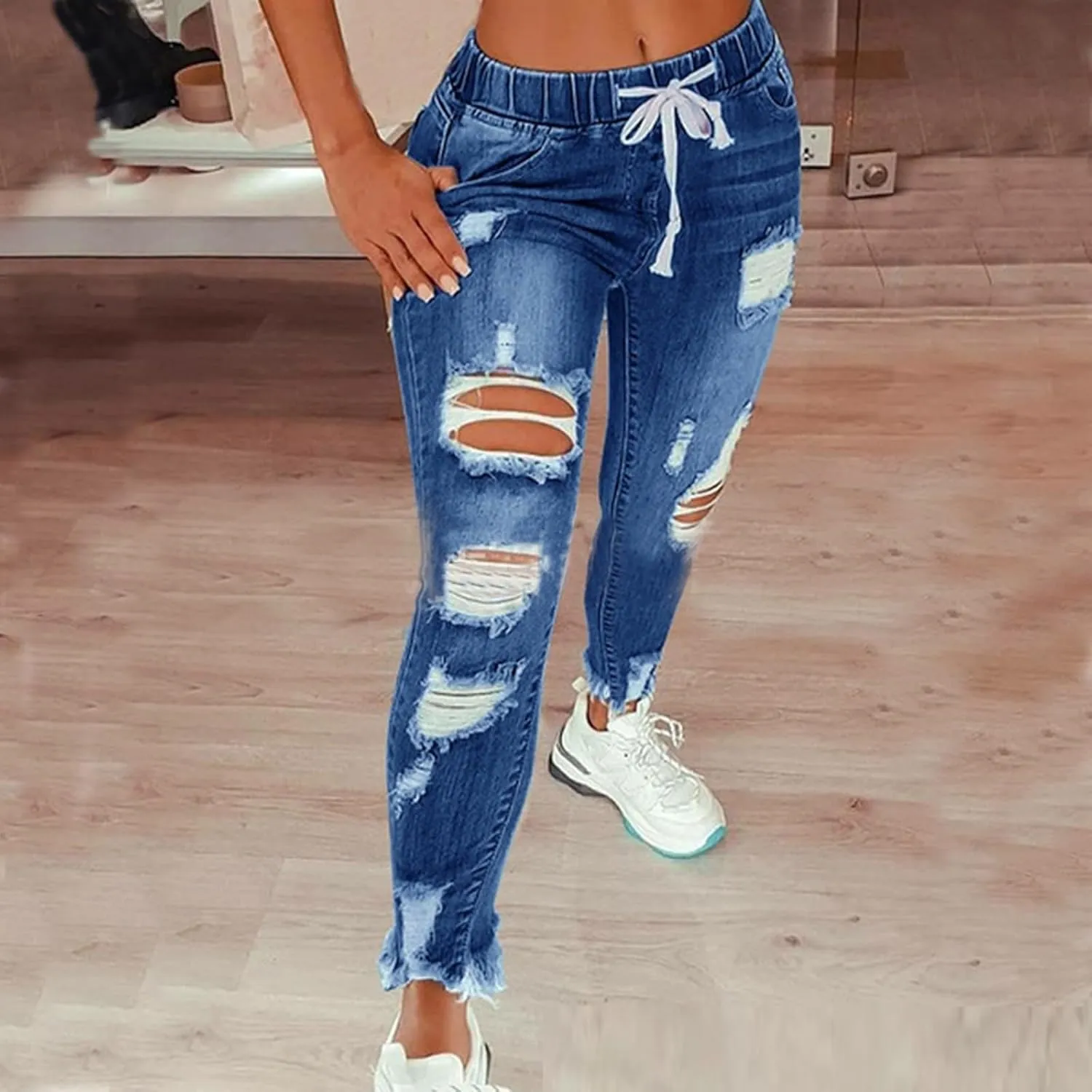 Women's High Waisted Ripped Jeans Slim Fit Skinny Stretch Denims Pants Casual Drawstring Cropped Destroyed Trousers