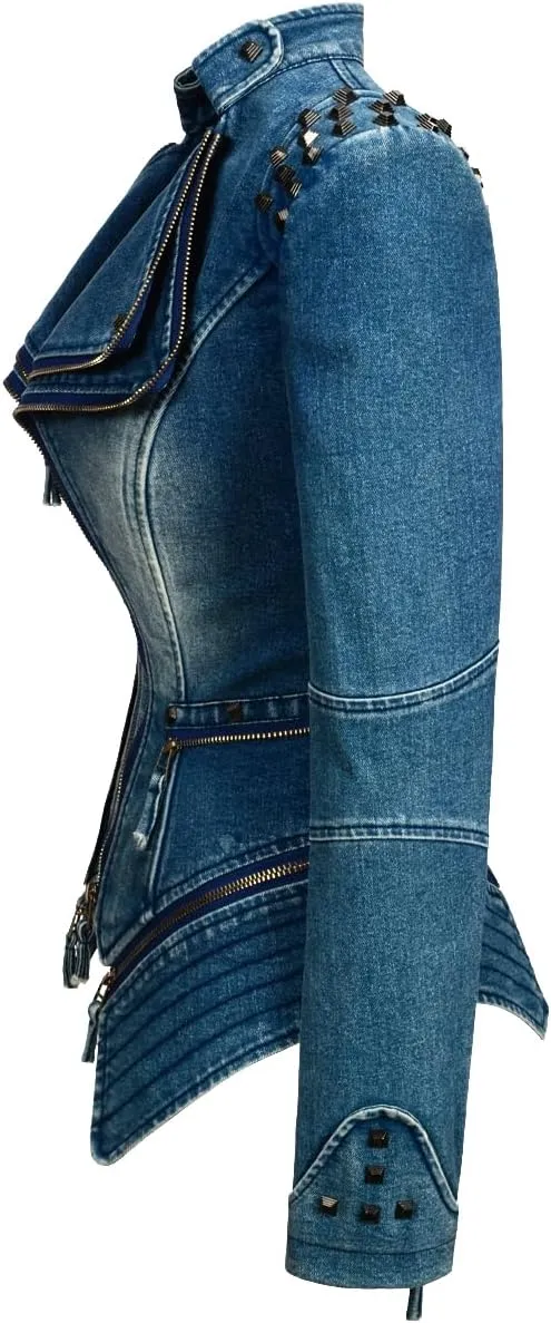 Women's Lapel Swallow Tail jacket Fashion Studded Perfectly Shaping Denim jacket Biker Jacket
