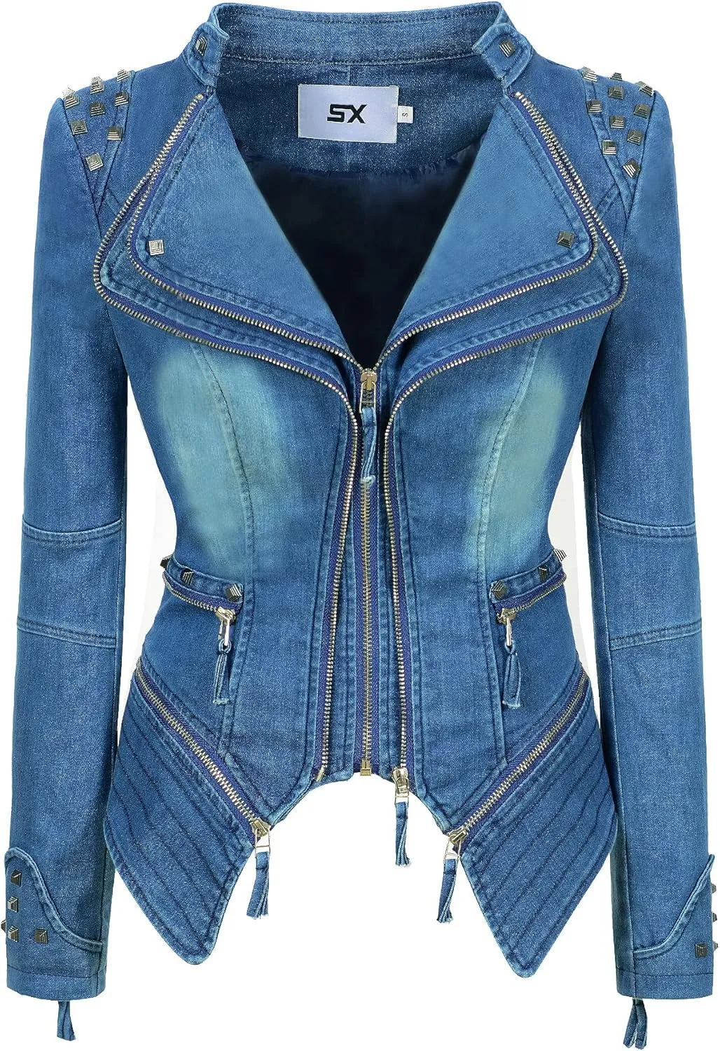 Women's Lapel Swallow Tail jacket Fashion Studded Perfectly Shaping Denim jacket Biker Jacket