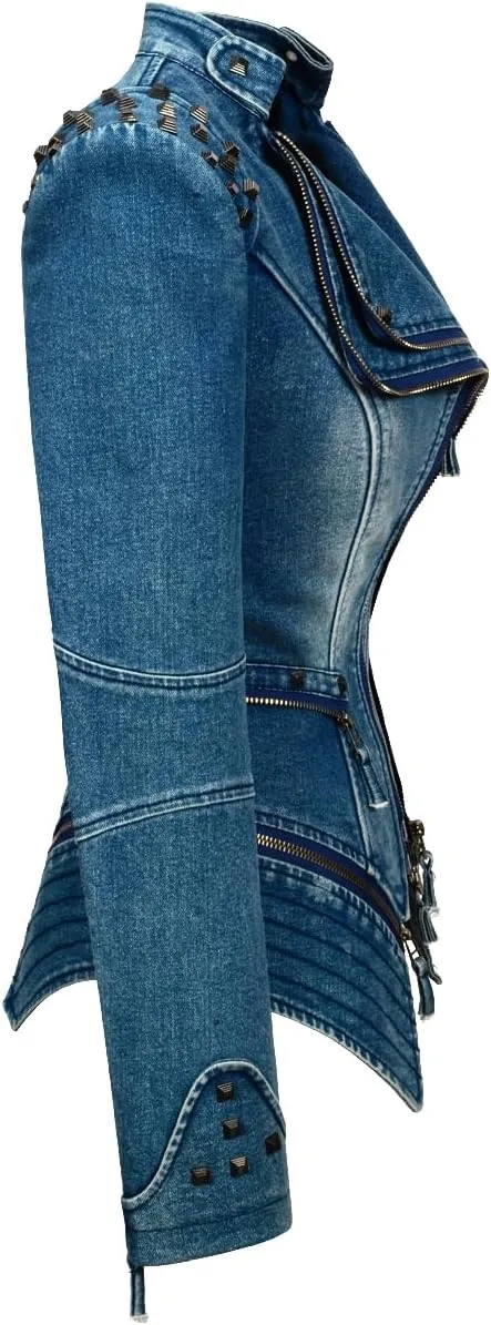 Women's Lapel Swallow Tail jacket Fashion Studded Perfectly Shaping Denim jacket Biker Jacket