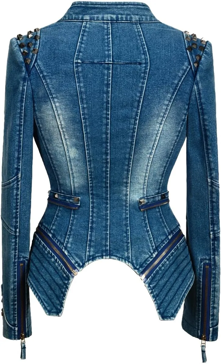 Women's Lapel Swallow Tail jacket Fashion Studded Perfectly Shaping Denim jacket Biker Jacket