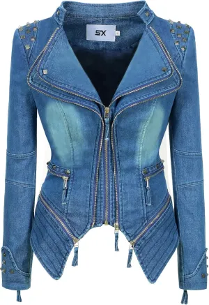 Women's Lapel Swallow Tail jacket Fashion Studded Perfectly Shaping Denim jacket Biker Jacket