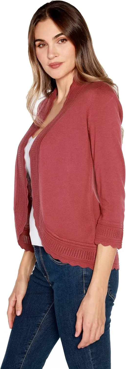 Women's Lightweight Cardigan Shrug with 3/4 Sleeves and Scalloped Edging