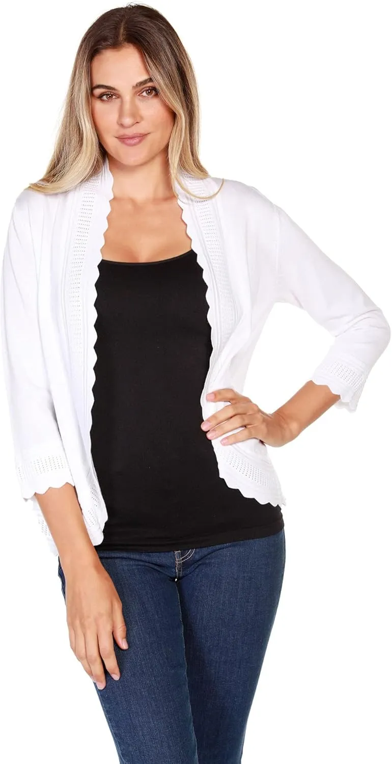 Women's Lightweight Cardigan Shrug with 3/4 Sleeves and Scalloped Edging