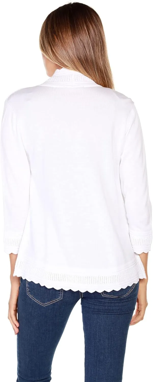 Women's Lightweight Cardigan Shrug with 3/4 Sleeves and Scalloped Edging