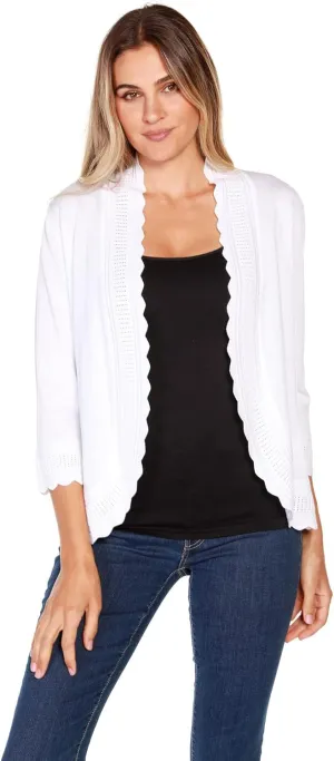 Women's Lightweight Cardigan Shrug with 3/4 Sleeves and Scalloped Edging