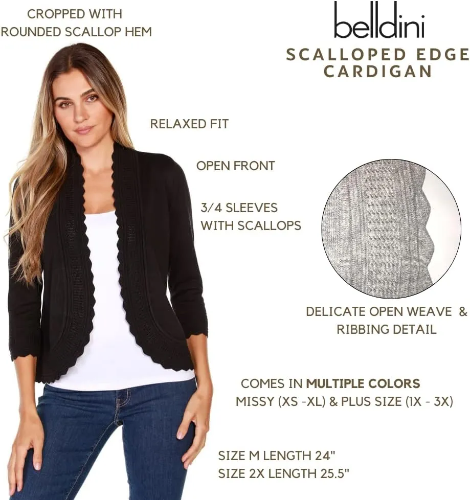 Women's Lightweight Cardigan Shrug with 3/4 Sleeves and Scalloped Edging