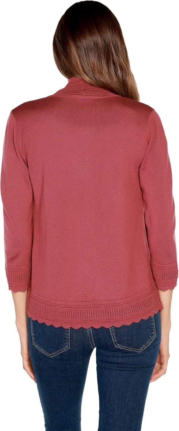 Women's Lightweight Cardigan Shrug with 3/4 Sleeves and Scalloped Edging