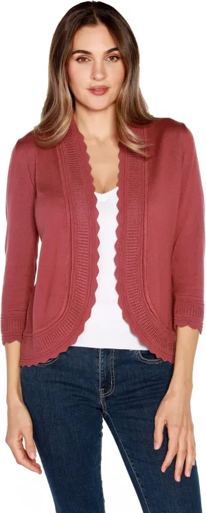 Women's Lightweight Cardigan Shrug with 3/4 Sleeves and Scalloped Edging