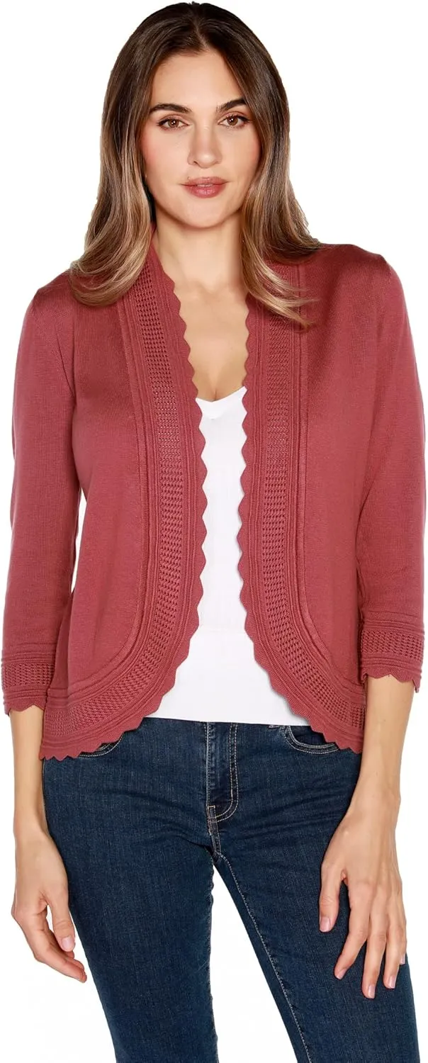 Women's Lightweight Cardigan Shrug with 3/4 Sleeves and Scalloped Edging