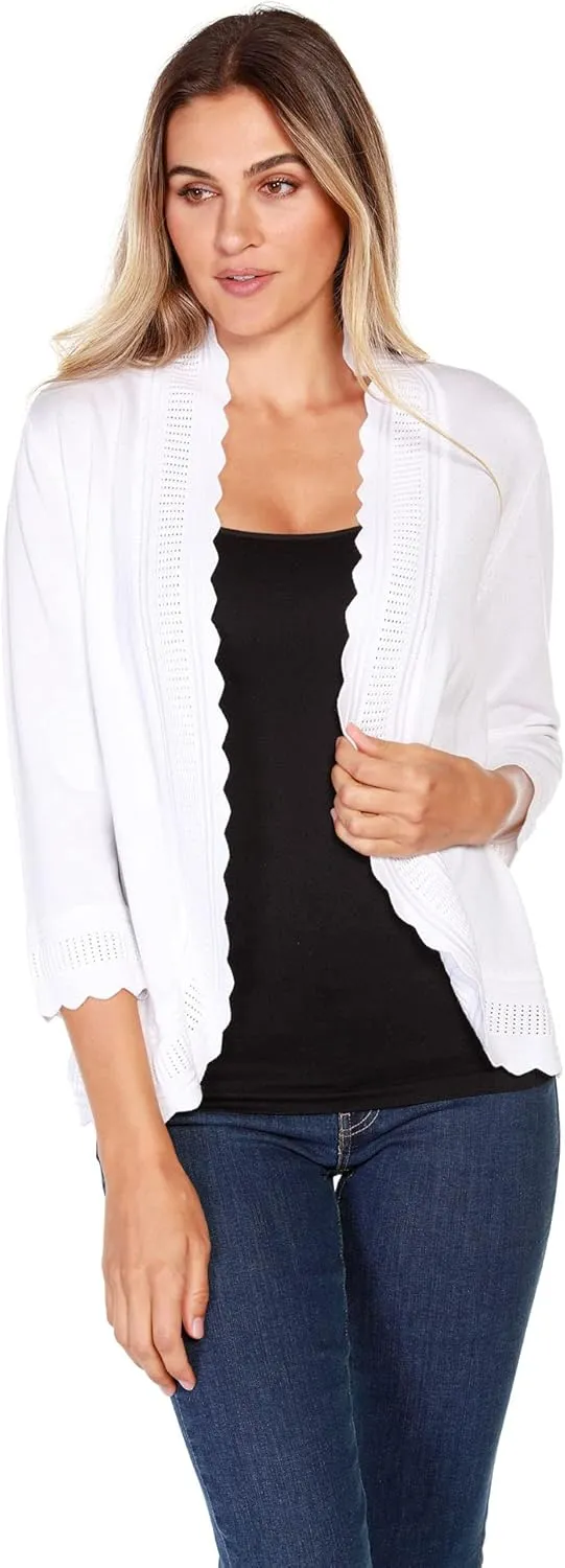 Women's Lightweight Cardigan Shrug with 3/4 Sleeves and Scalloped Edging