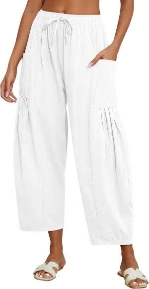 Women's Linen Palazzo Pants Wide Leg Beach Pants Casual Loose Harem Pants S White