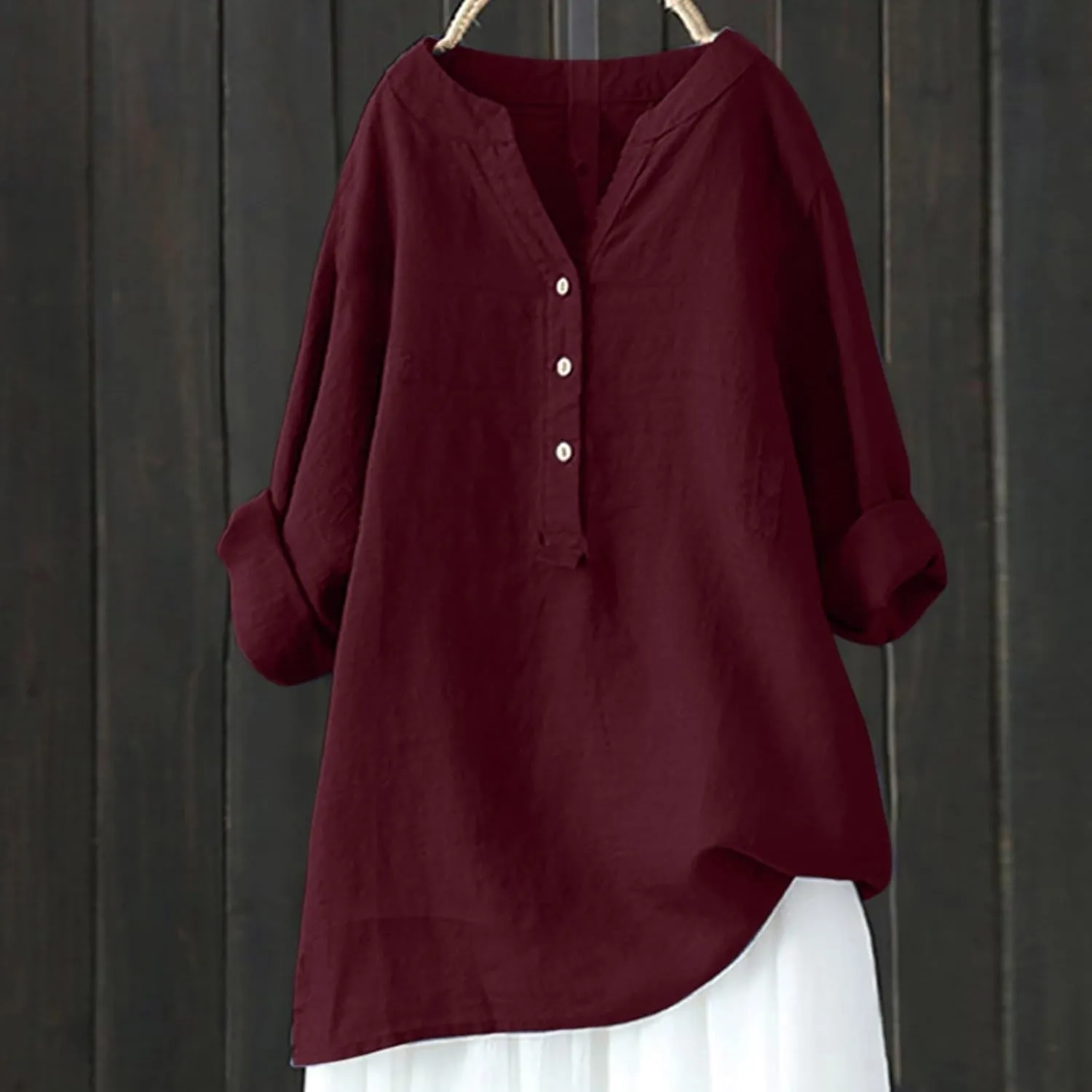 Womens Linen Shirts Summer Linen Bohemian Long Sleeve T-Shirts Casual Plus Size Lightweight Round Neck Tshirts