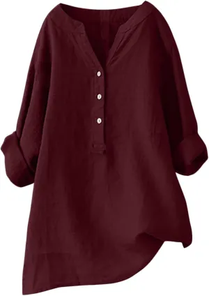 Womens Linen Shirts Summer Linen Bohemian Long Sleeve T-Shirts Casual Plus Size Lightweight Round Neck Tshirts