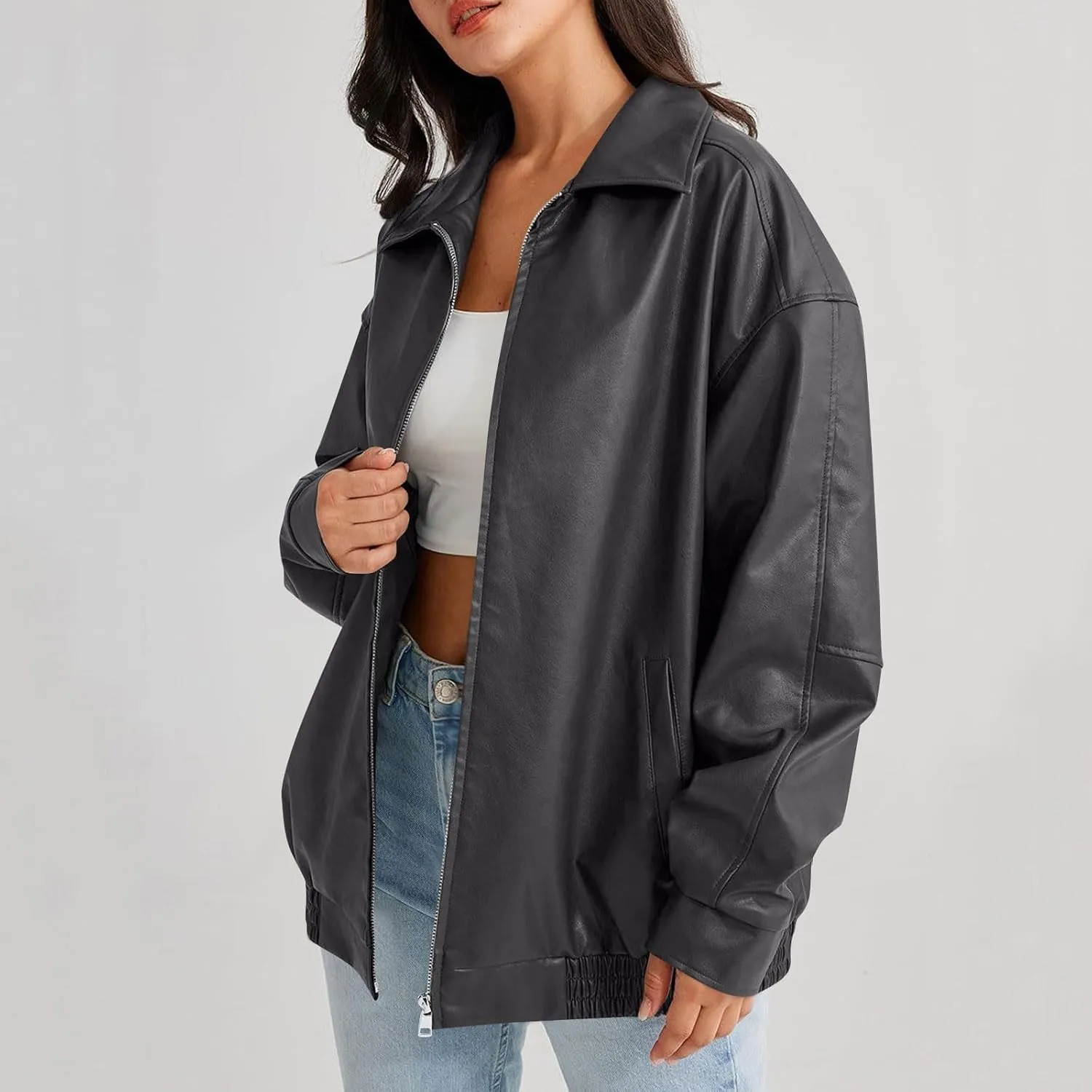 Womens Oversized Faux Leather Jacket Full Zip Up Long Sleeve Casual Motorcycle Outwear Faux Suede Bomber Jackets