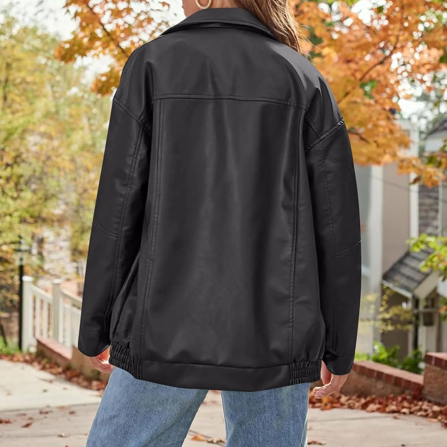 Womens Oversized Faux Leather Jacket Full Zip Up Long Sleeve Casual Motorcycle Outwear Faux Suede Bomber Jackets