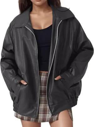 Womens Oversized Faux Leather Jacket Full Zip Up Long Sleeve Casual Motorcycle Outwear Faux Suede Bomber Jackets