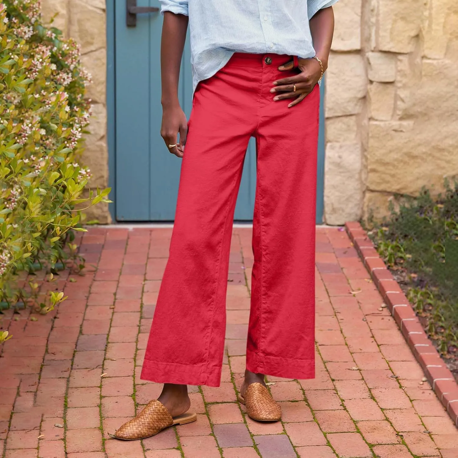 Womens Pants, Peasant Pants Casual Linen Plaid Straight Leg Side Button Drawstring