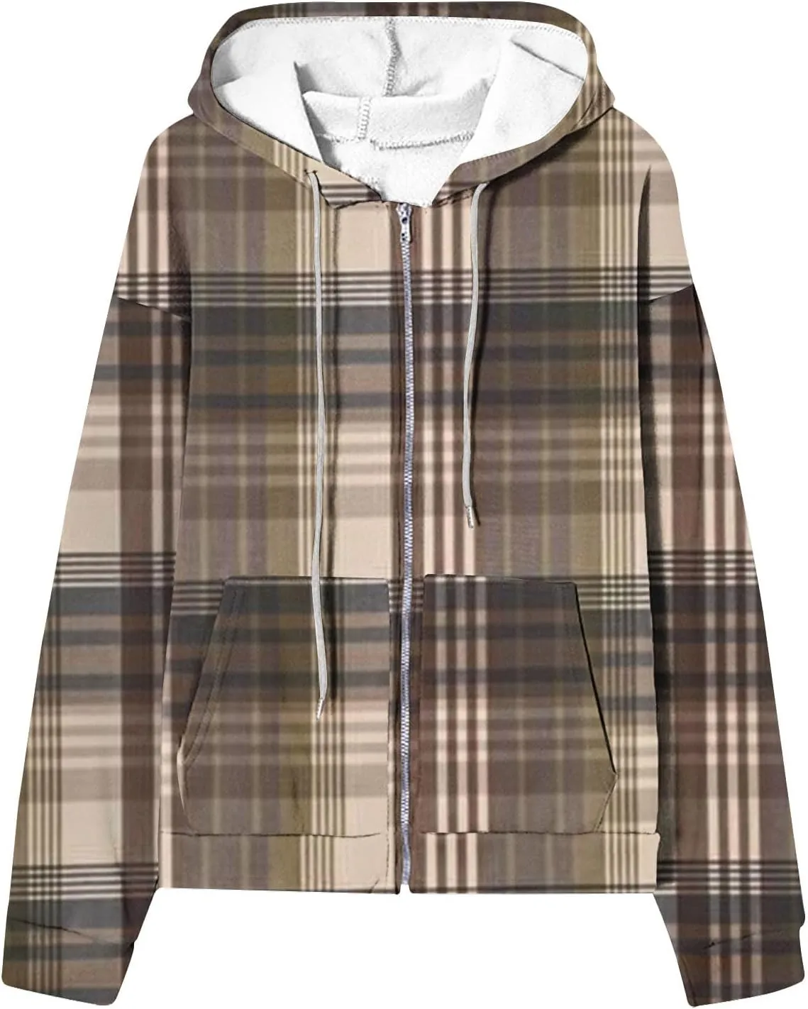 Womens Plaid Jackets 2025 Zipper Hooded Plaid Drawstring Sweatshirt Loose Long Sleeve Oversized Plaid Hoodie Jackets