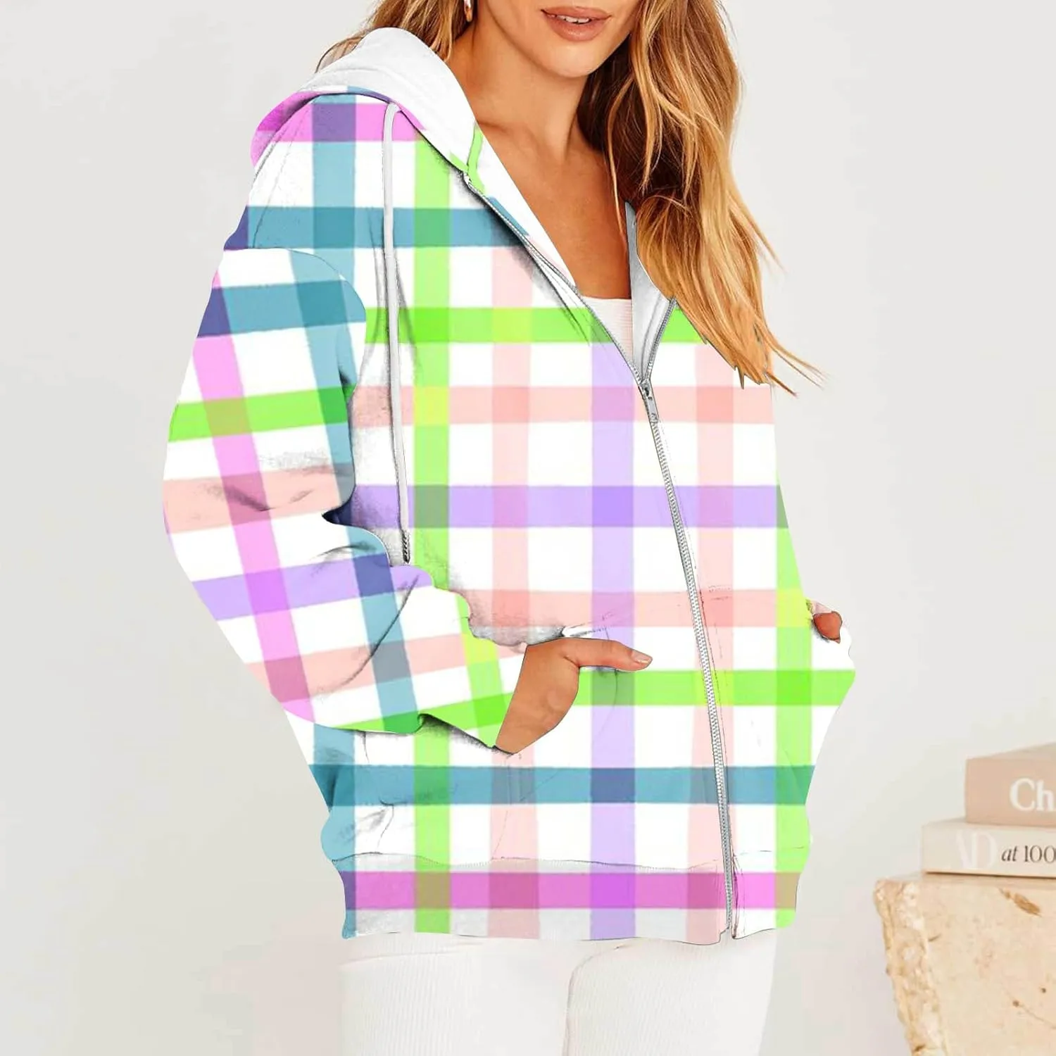 Womens Plaid Jackets 2025 Zipper Hooded Plaid Drawstring Sweatshirt Loose Long Sleeve Oversized Plaid Hoodie Jackets
