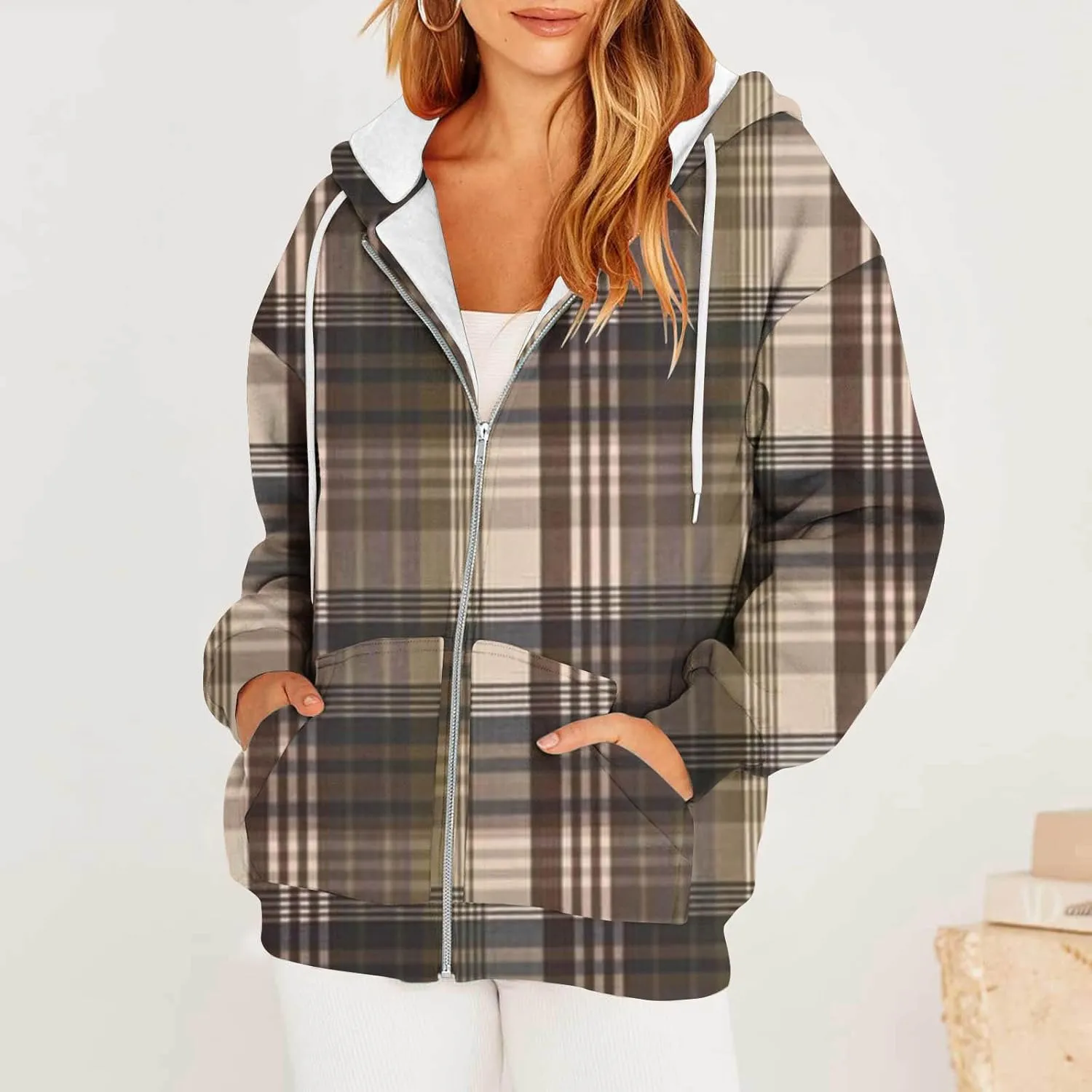 Womens Plaid Jackets 2025 Zipper Hooded Plaid Drawstring Sweatshirt Loose Long Sleeve Oversized Plaid Hoodie Jackets