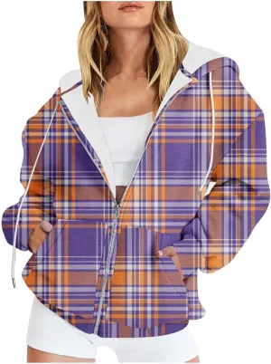Womens Plaid Jackets 2025 Zipper Hooded Plaid Drawstring Sweatshirt Loose Long Sleeve Oversized Plaid Hoodie Jackets