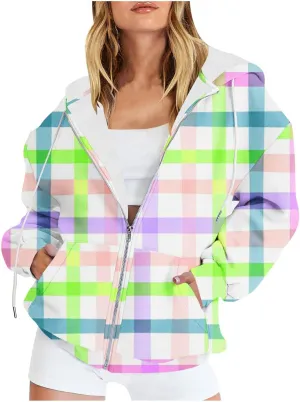 Womens Plaid Jackets 2025 Zipper Hooded Plaid Drawstring Sweatshirt Loose Long Sleeve Oversized Plaid Hoodie Jackets