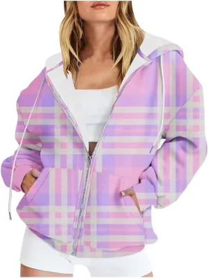 Womens Plaid Jackets 2025 Zipper Hooded Plaid Drawstring Sweatshirt Loose Long Sleeve Oversized Plaid Hoodie Jackets