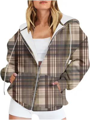 Womens Plaid Jackets 2025 Zipper Hooded Plaid Drawstring Sweatshirt Loose Long Sleeve Oversized Plaid Hoodie Jackets