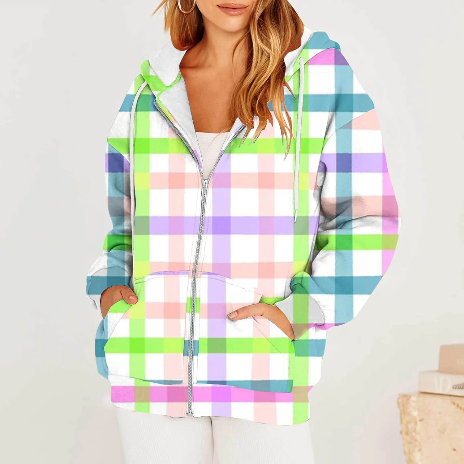 Womens Plaid Jackets 2025 Zipper Hooded Plaid Drawstring Sweatshirt Loose Long Sleeve Oversized Plaid Hoodie Jackets