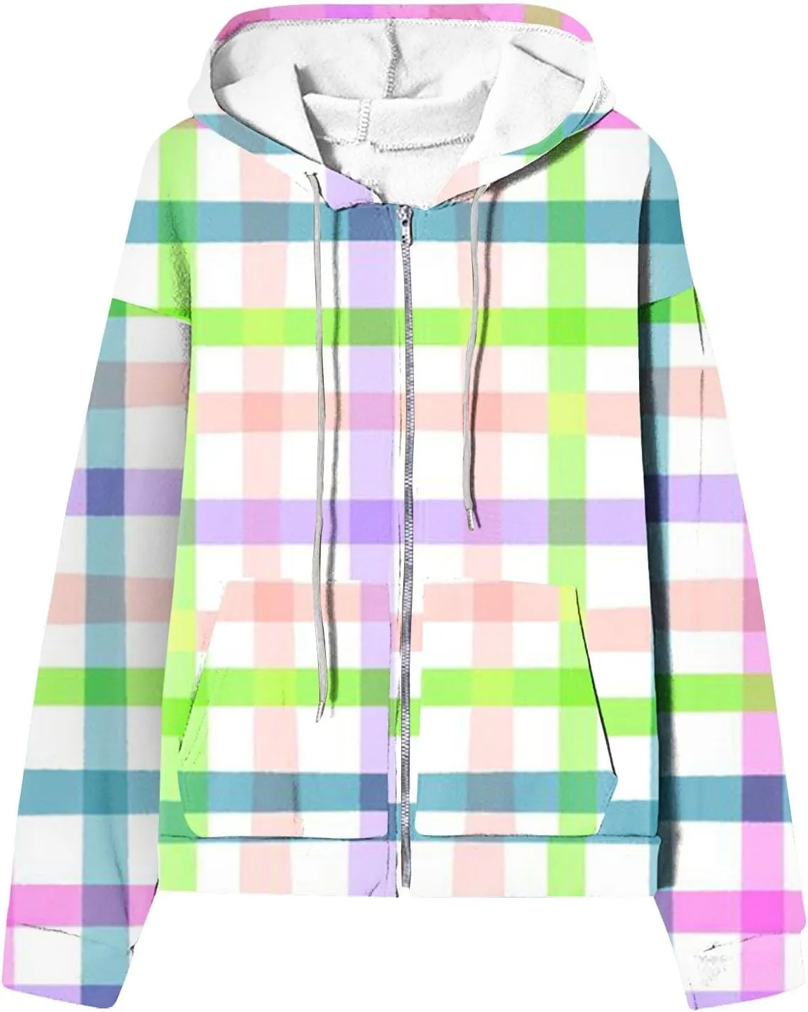 Womens Plaid Jackets 2025 Zipper Hooded Plaid Drawstring Sweatshirt Loose Long Sleeve Oversized Plaid Hoodie Jackets