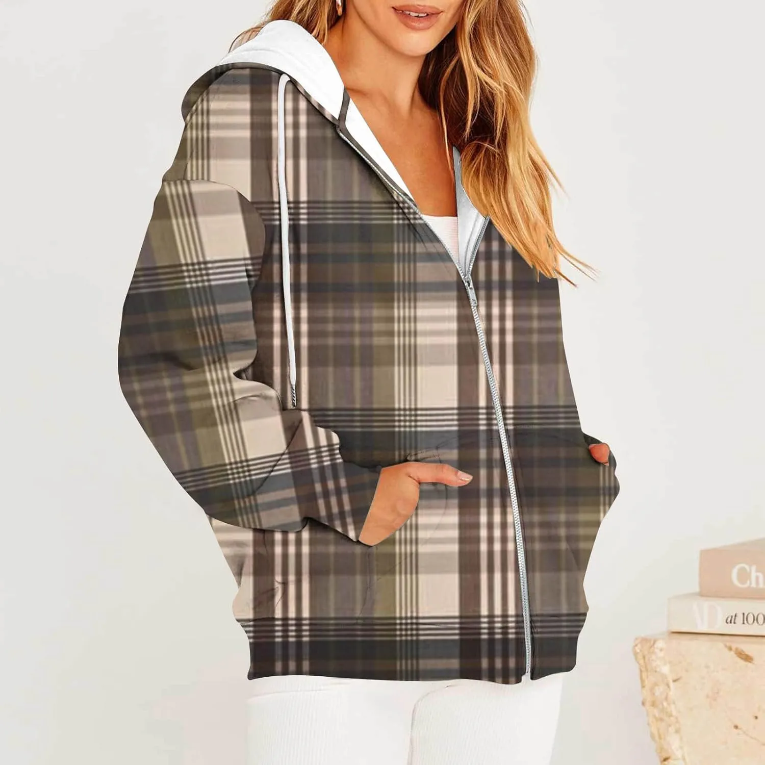 Womens Plaid Jackets 2025 Zipper Hooded Plaid Drawstring Sweatshirt Loose Long Sleeve Oversized Plaid Hoodie Jackets